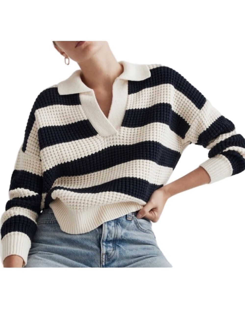 Madewell Antique Cream Striped Waffle-Knit Henley Sweater Size M Relaxed Fit
